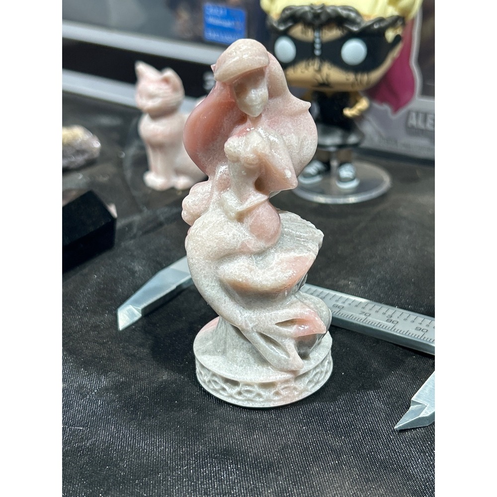 Hand Carved Pink Grey Stone Ariel Figurine Mythical Sea Creature Statue 3.8"